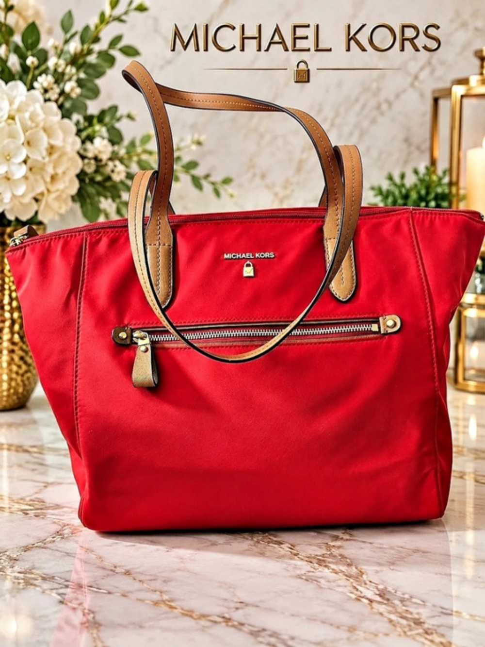 Michael Kors Red Nylon Large Tote / Shopper – Tan Trim & Gold-Tone Hardware EUC
